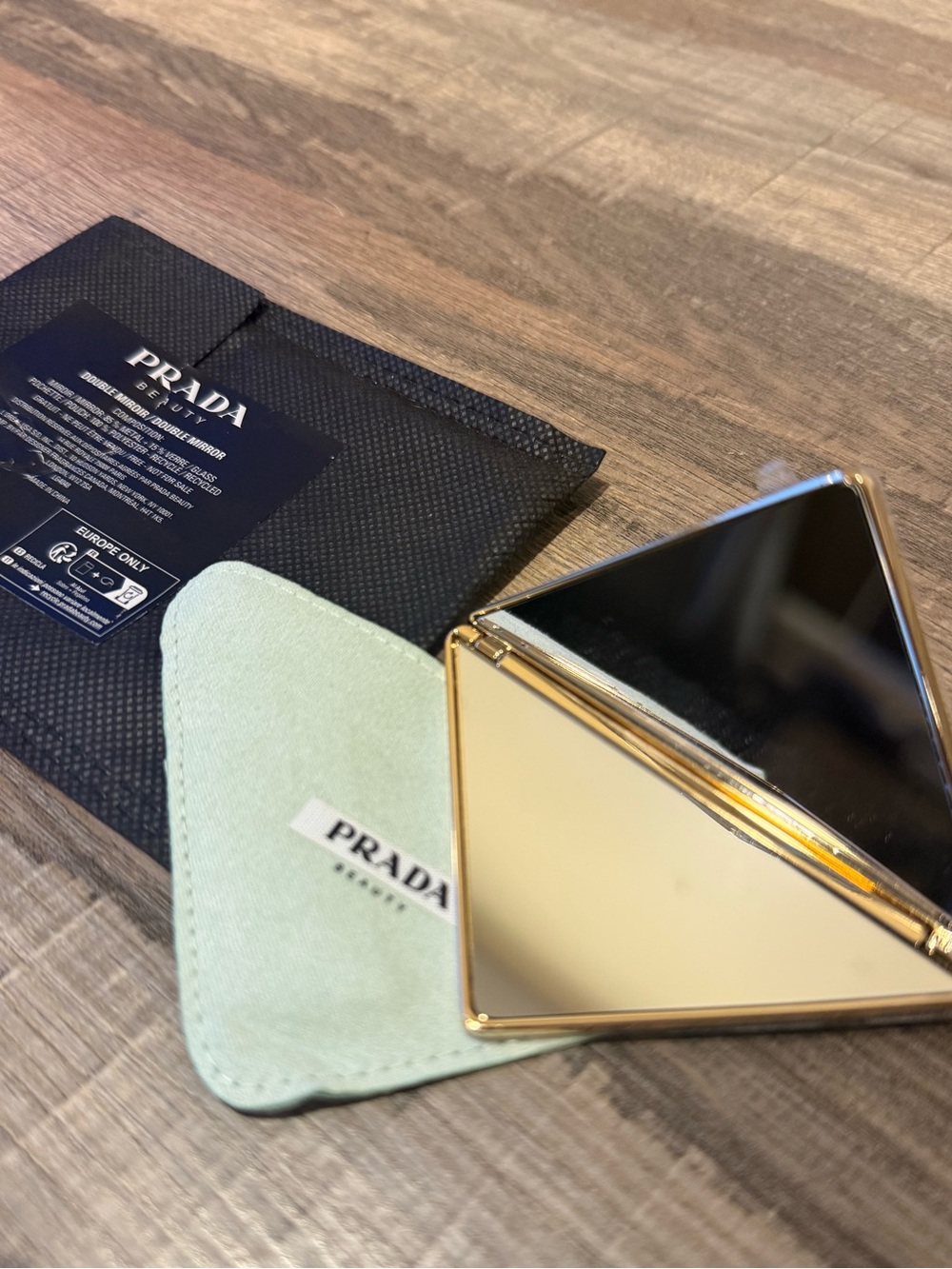 PRADA Double Mirror Compact w/ Pouch – Gold Triangle NWT